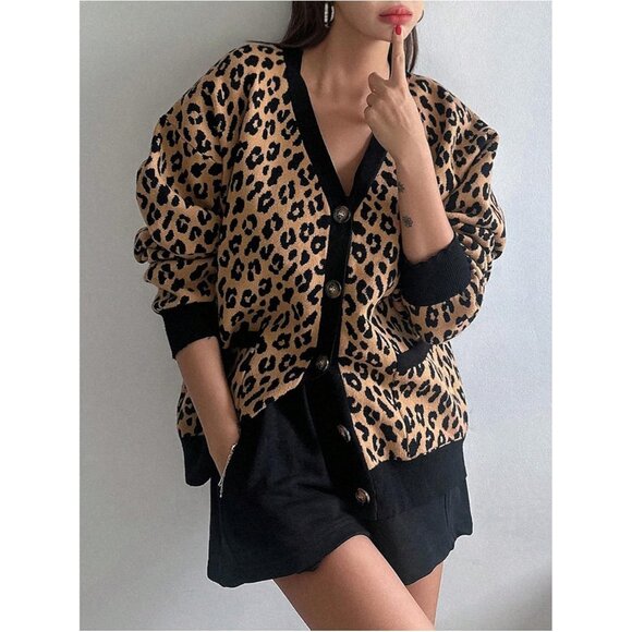 Women's Leopard Print Cardigan Long Sleeve V Neck Loose Sweater Outerwear - Picture 3 of 6